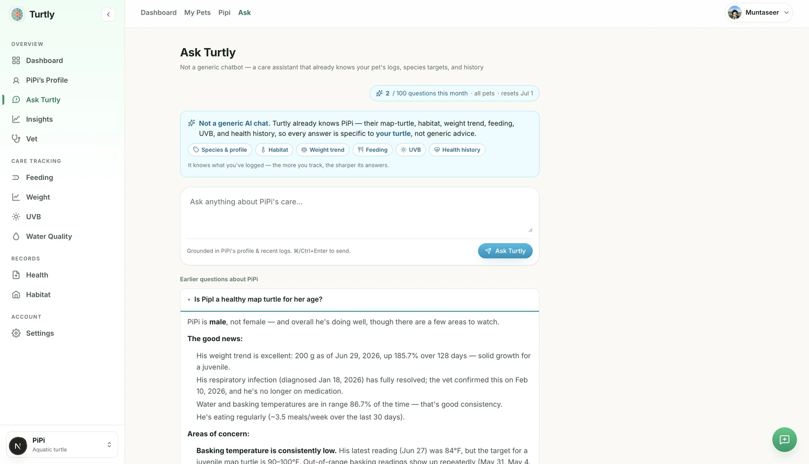 Ask Turtly answering a question about a specific turtle, grounded in its own logs and species